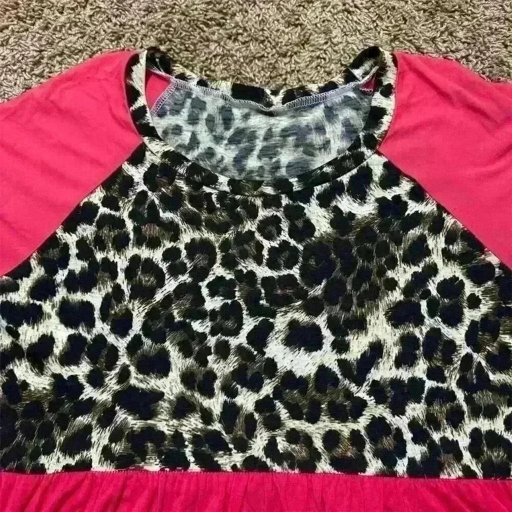 Hot Pink & Leopard Print Babydoll Top Size M Short Sleeve - Picture 3 of 4